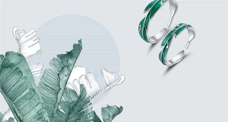 Sole Memory Rainforest Plantain Leaves Green Cool Sweet Romantic Silver Color Female Resizable Opening Rings SRI414