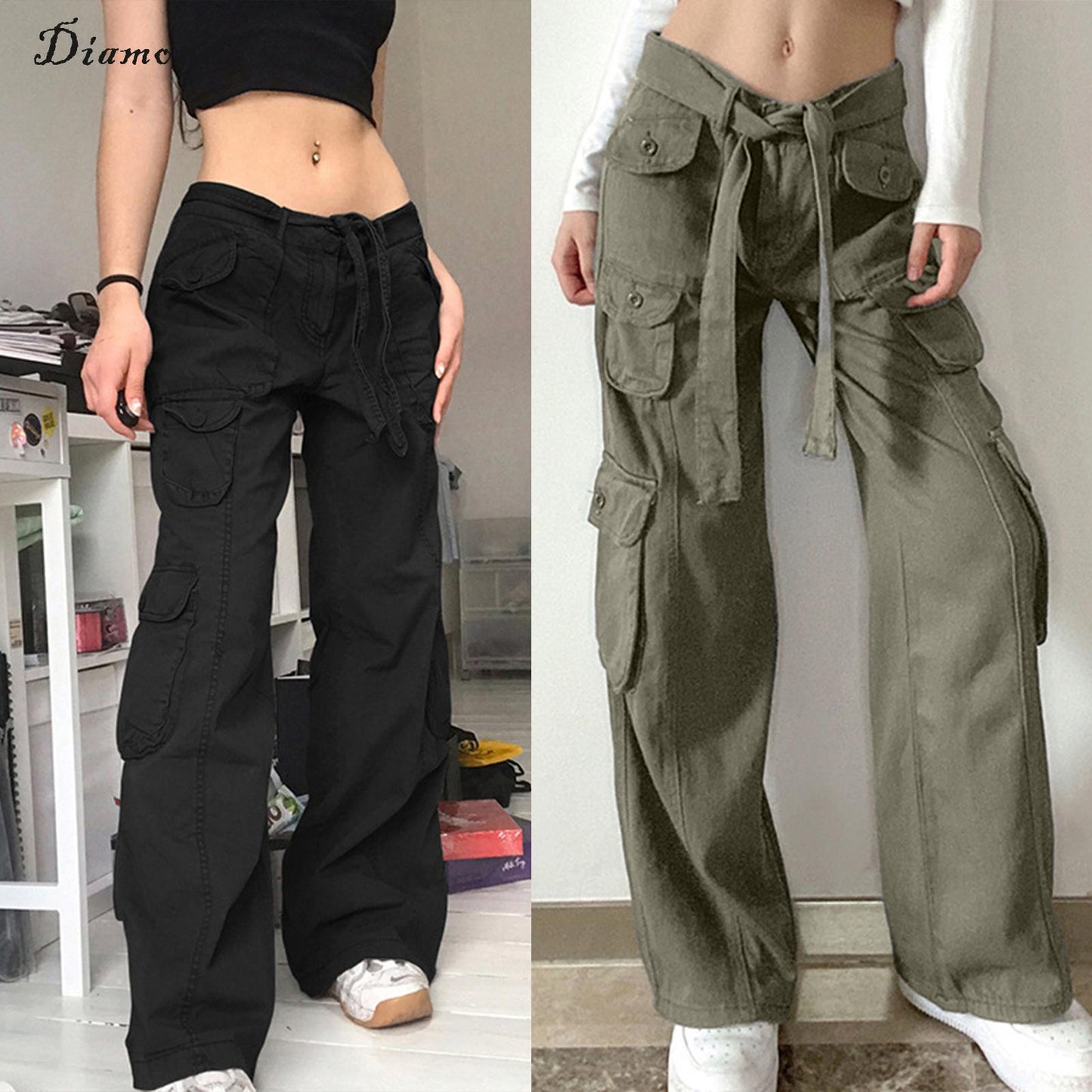 Women Wide Leg Denim Trousers Drawstring Belt Retro Baggy Parachute Pants Jeans High Waist Button Decor Multi Pockets Streetwear