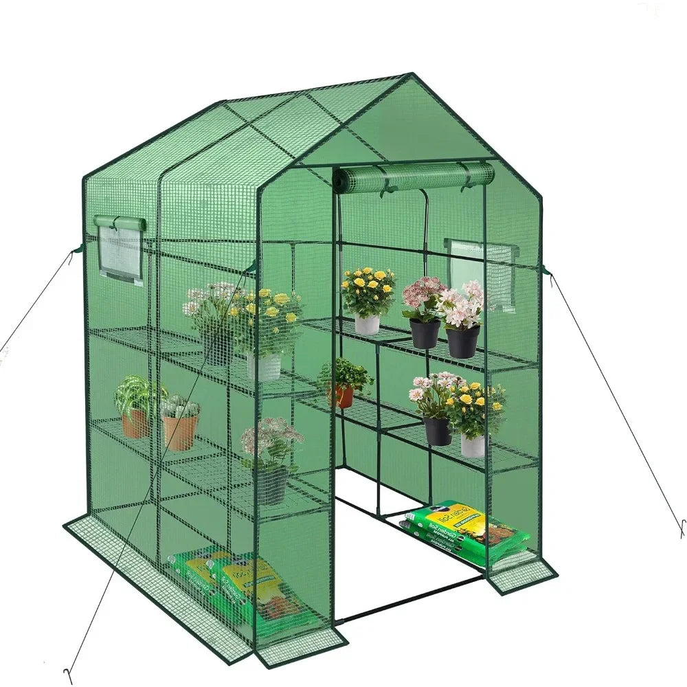 Polyethylene Reinforced Walk-in Greenhouse with Window,Plant Gardening Green House 2 Tiers and 8 Shelves,L56.5 x W56.5 x H76.5