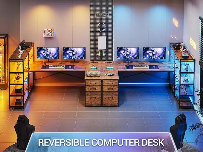 Shaped Desk with Storage Shelves 64.5" Reversible U Shaped Office Desk with 3 Fabric Drawers Gaming Desk