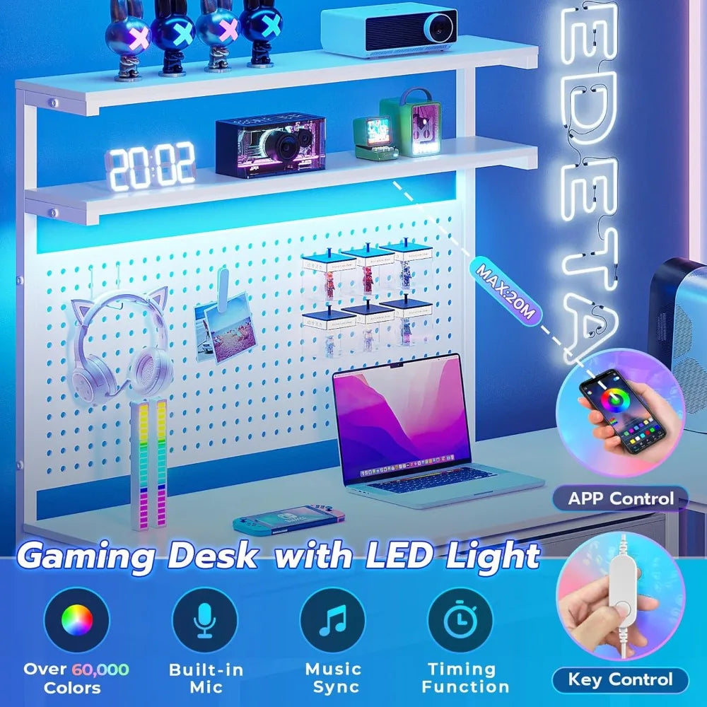 SEDETA L Shaped Gaming Desk with LED Lights, Pegboard and Drawers, Gaming with Hutch, Computer with Monitor Stand,