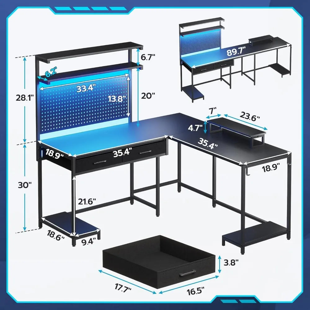 SEDETA L Shaped Gaming Desk with LED Lights, Pegboard and Drawers, Gaming with Hutch, Computer with Monitor Stand,