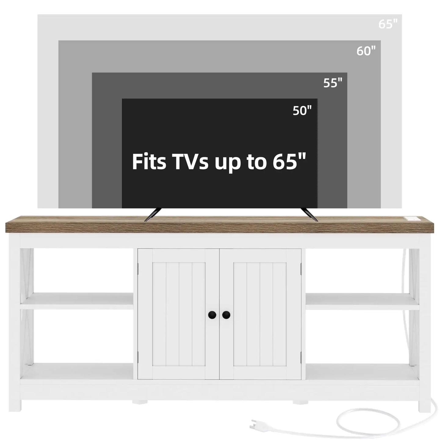 White TV Stand up to 65 Inches w/Power Outlets Farmhouse Entertainment Center Cabinet with Storage for Living Room