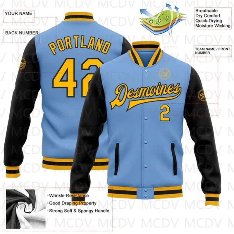 Custom Light Blue Gold-Black Bomber Full-Snap Varsity Letterman Two Tone Jacket