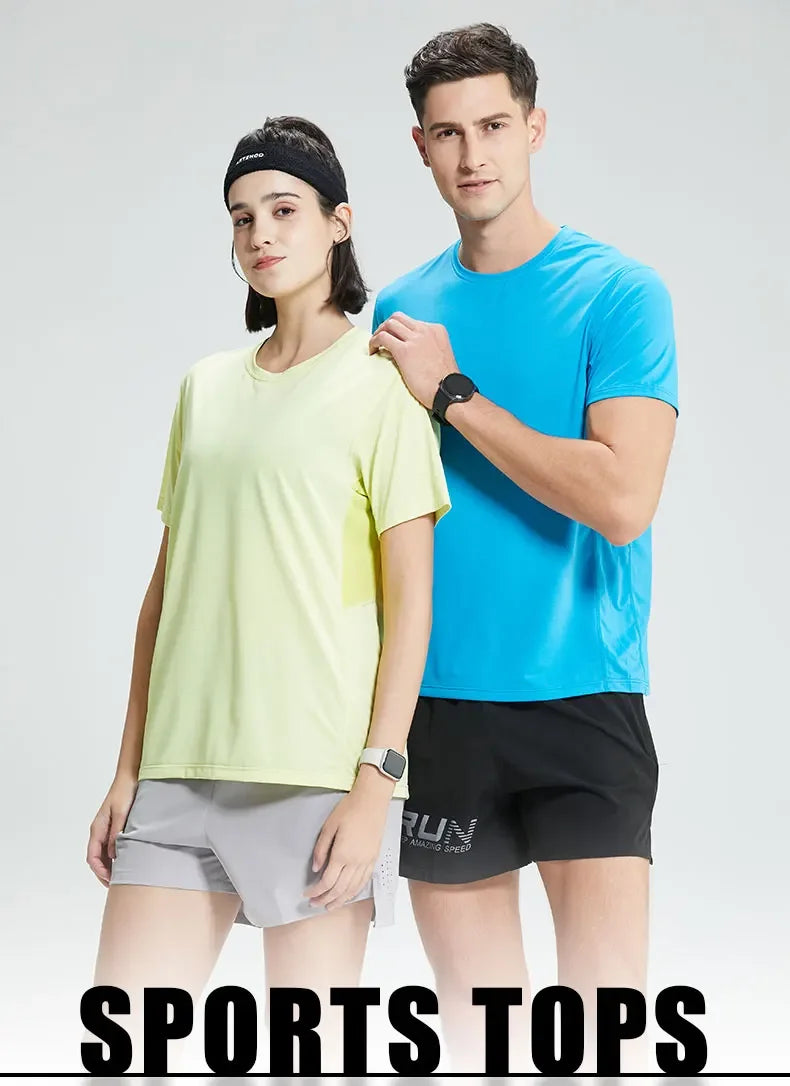 Men's Bodybuilding T-Shirt Elastic Quick Dry Sport Tops Athletic Gym Workout Short Sleeves Women's Yoga Tee Running Clothes