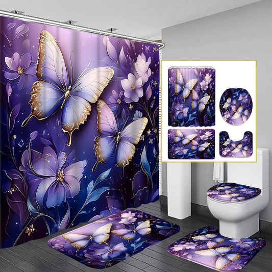 1/4PC Butterfly Purple flowers 3D shower curtain set,waterproof shower curtain and waterproof non-slip carpet,12free hooks