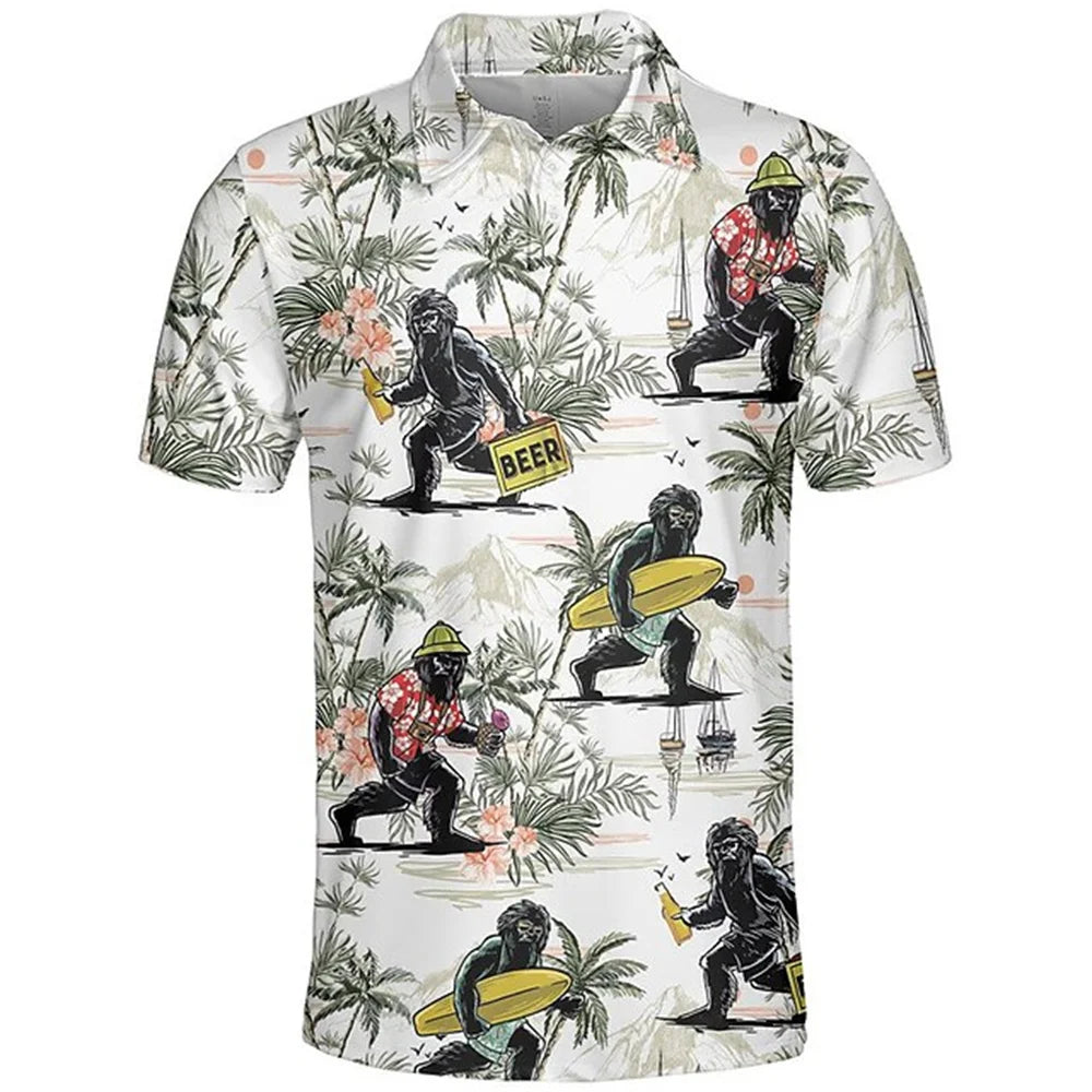 Male Polo Shirts Men's Summer Sport Golf Shirts 3d Printed Monkey Pattern Man Short Sleeve Tshirts Holiday Lapel Button Clothing