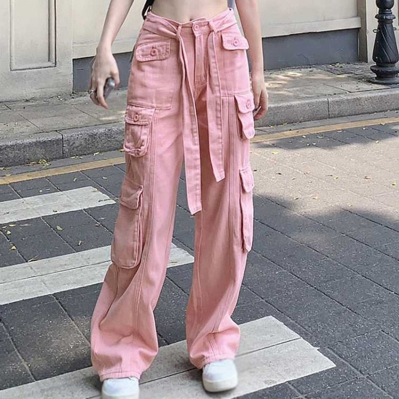 Women Jeans Straight High Waist American Retro Lace up Wide Leg Pants Multi Pocket Trousers 's Overalls Denim Loose