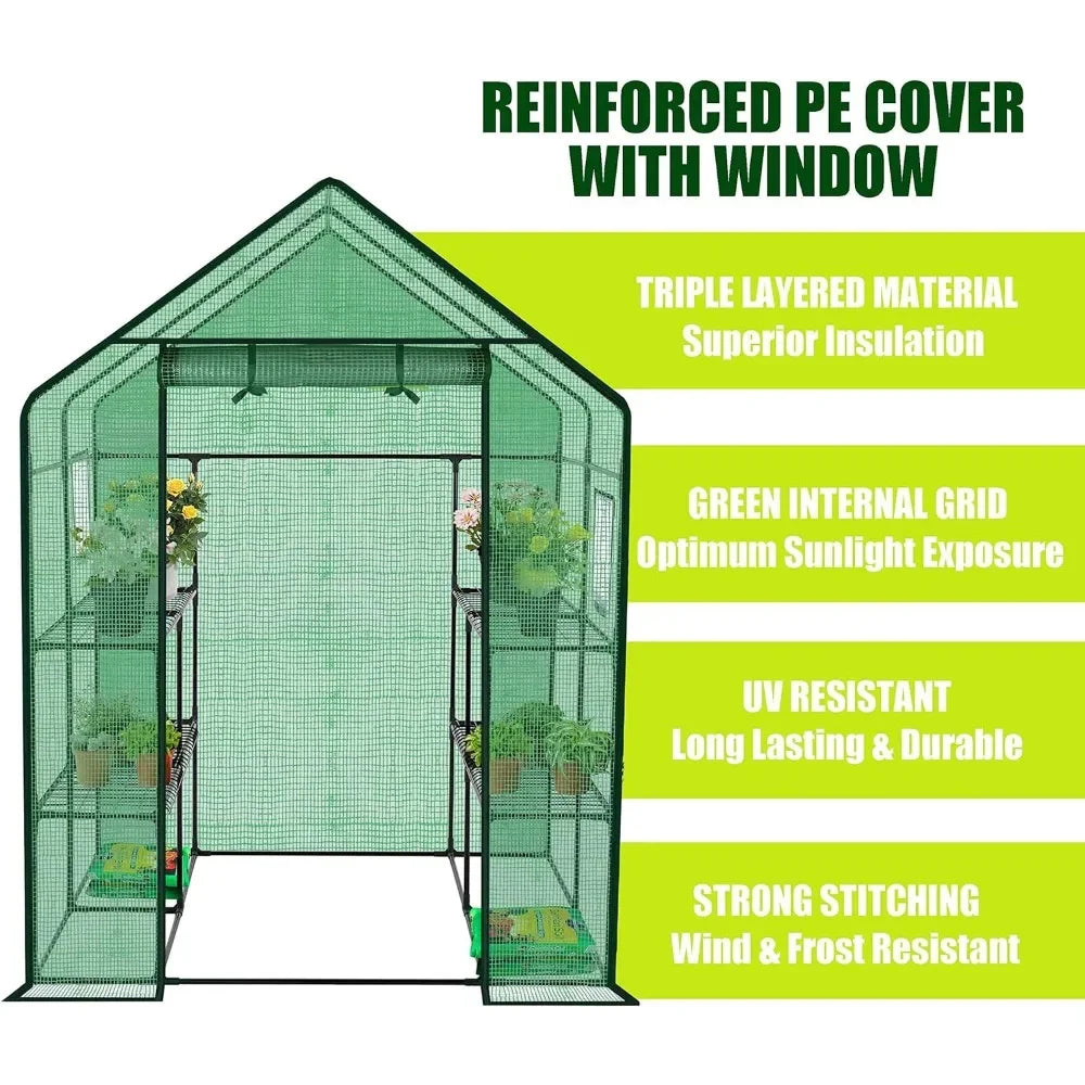 Polyethylene Reinforced Walk-in Greenhouse with Window,Plant Gardening Green House 2 Tiers and 8 Shelves,L56.5 x W56.5 x H76.5