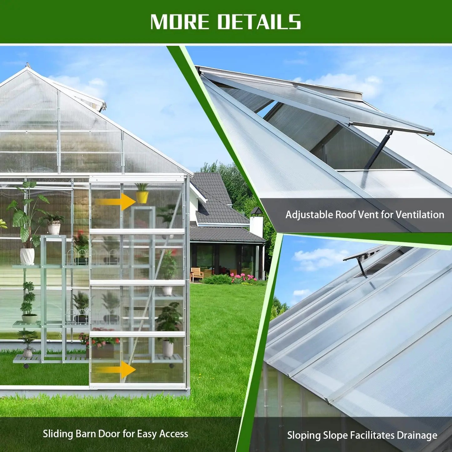 12' x 10' Greenhouse for Outdoor Outside Walk-in Hobby Green House for Plants with Polycarbonate Aluminum Frame Adjustable