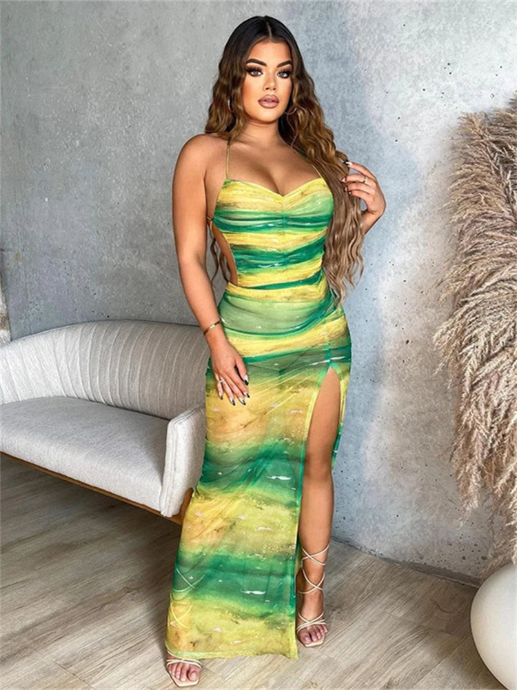 WLWXR Summer Green Gradient Halter Ruched Long Dress Sexy Clubwear For Women 2024 See Through Backless Bandage Split Party Robe