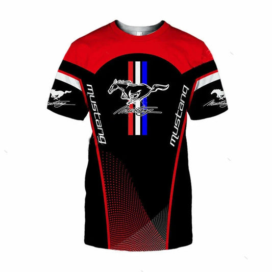 Summer 3D Printed Men's Mustang Extreme Sports Racing Shirt Striped Short Sleeve Racing Fan Club T-shirt