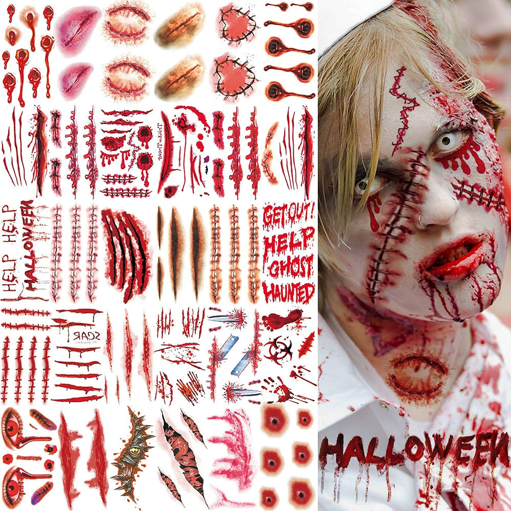 30Pcs/Set Halloween Party Temporary Tattoos Zombie Makeup Scar Wound Blood Bleeding Tattoo Stickers Kids Women Men Cosplay