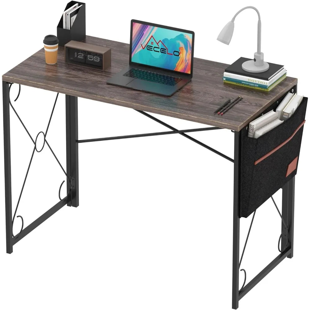 39 Inch Writing Computer Folding Desk/Sturdy Steel Laptop Table with Storage Bag for Home Office Work