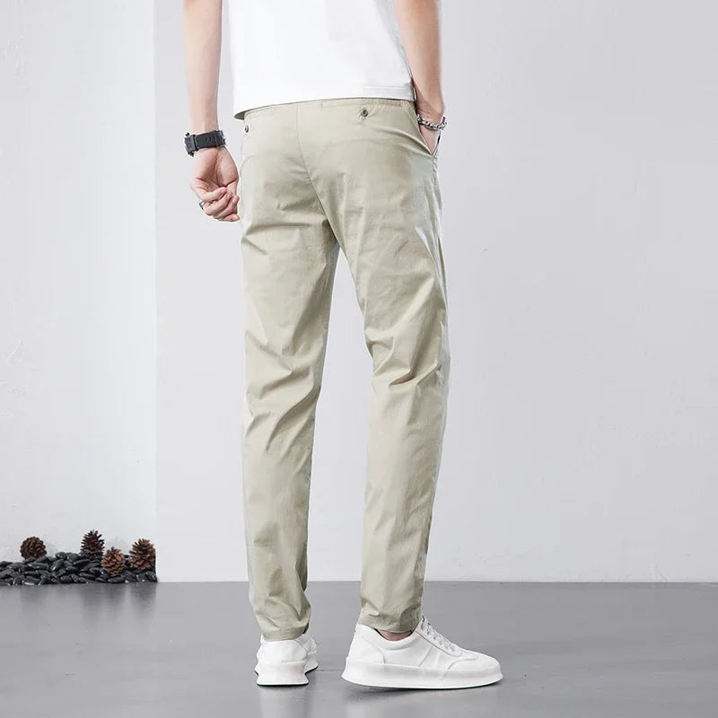 2023 New Summer Khaki Cosy Cotton Casual Pants Men Thin Straight Fit Fashion Brand Clothing Solid Color Appliques Trousers Male