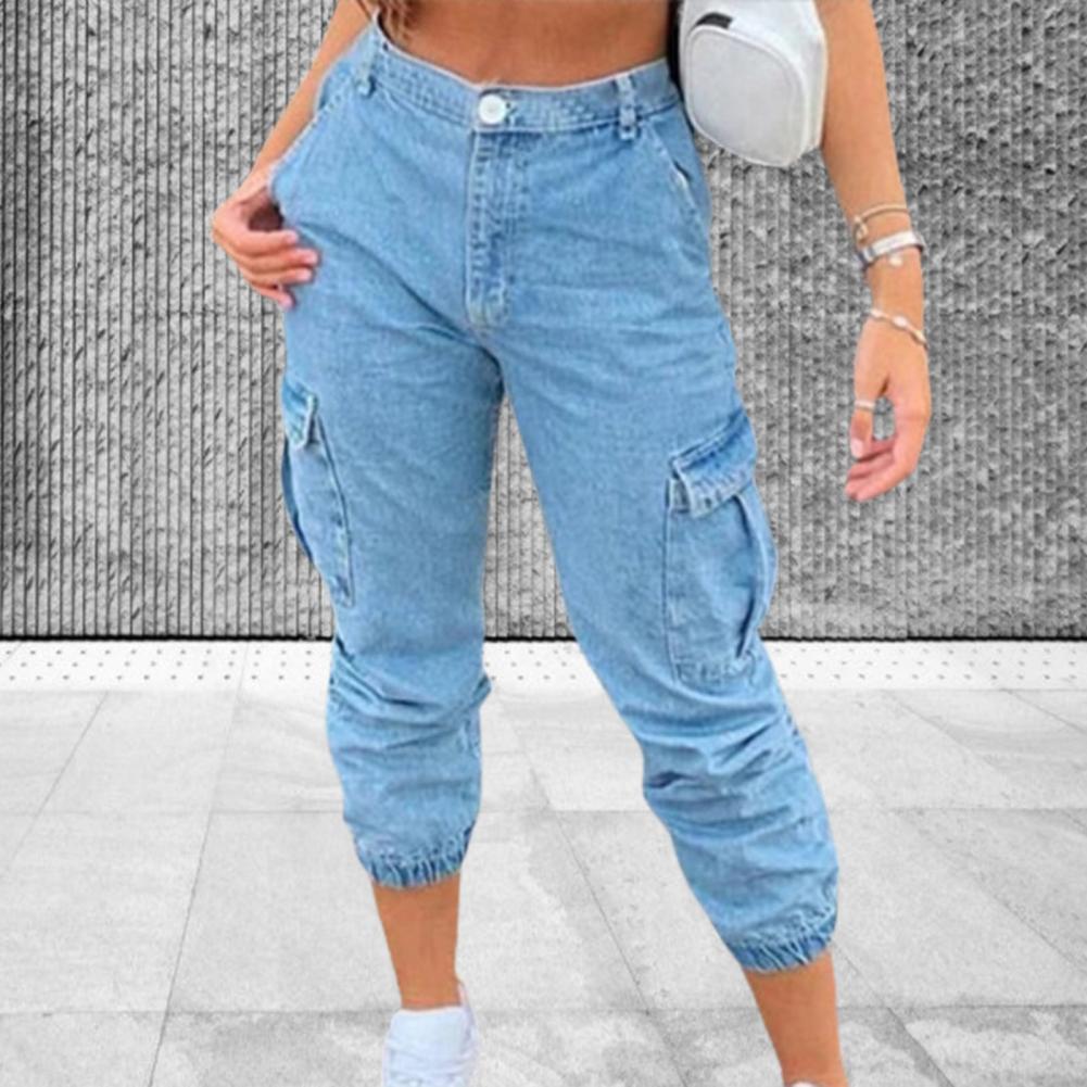 y2k Women Denim Cargo Pants Ninth Jeans Multi Pockets High Waist Ankle-banded Summer Casual Ninth Trousers calça jeans feminina