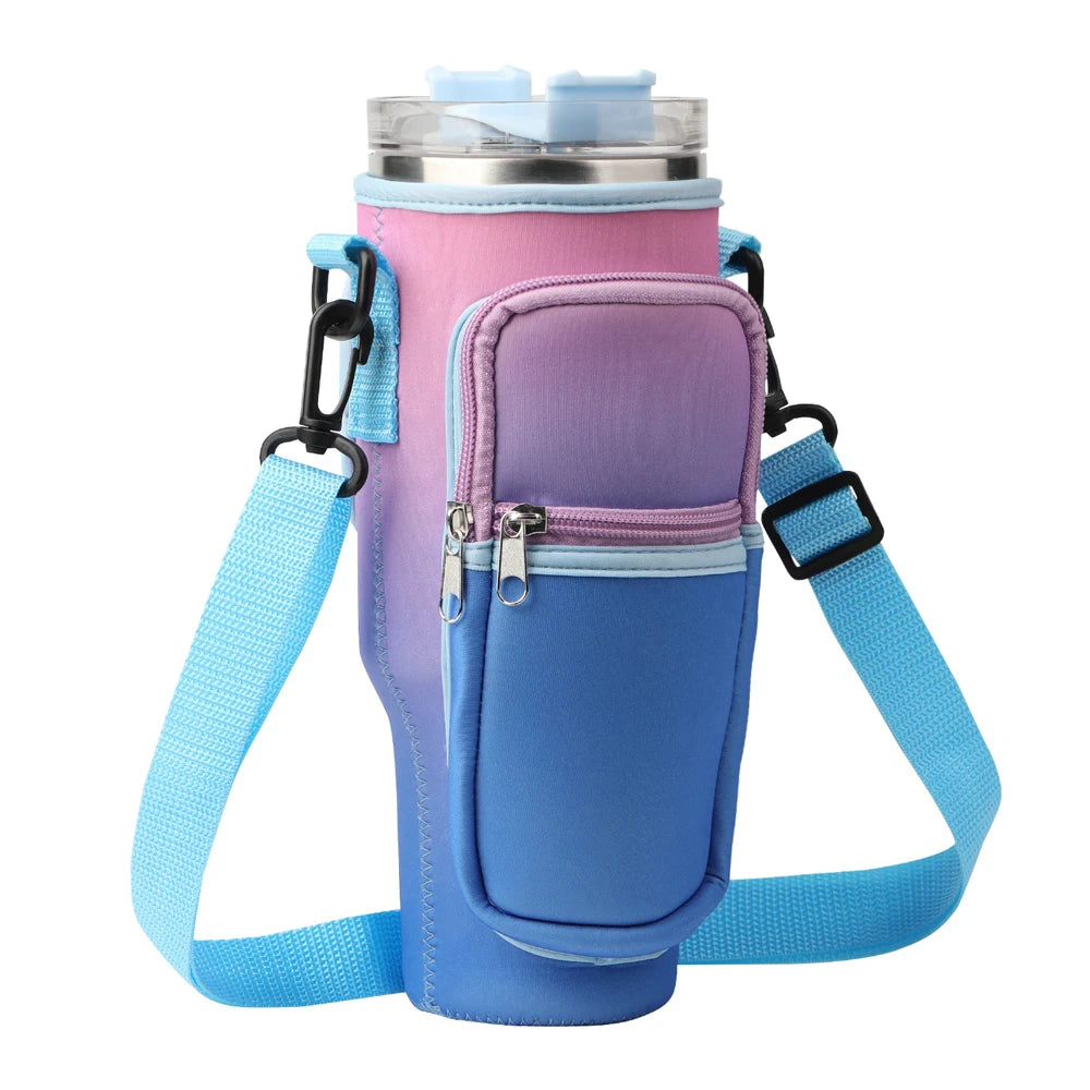 Adjustable Strap Water Bottle Carrier Bag Pouch with Pocket 40oz Tumbler Cup Holder with Zipper Phone Pocket for Stanley Cup