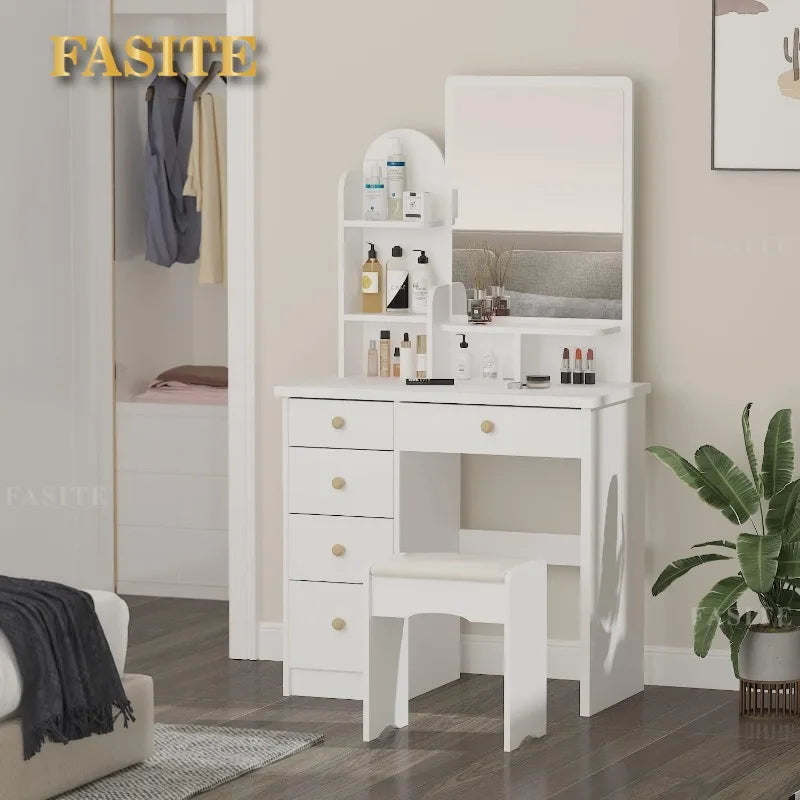 White Makeup Vanity Desk with 15 Light Bulbs & 3 Mirrors, Modern Vanity Table Dressing Table with 9 Drawers