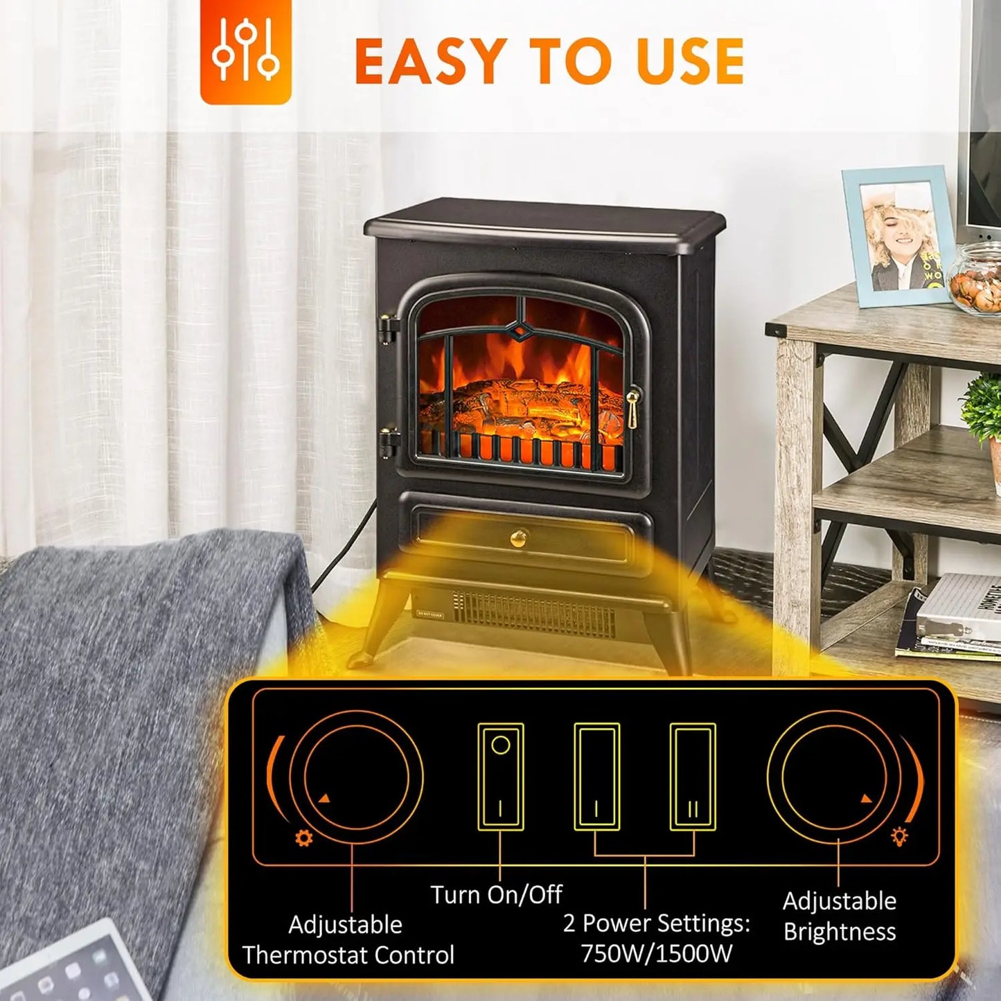 22" Electric Fireplace Heater, Freestanding Fire Place Stove with Realistic LED Flames and Logs, and Overheating