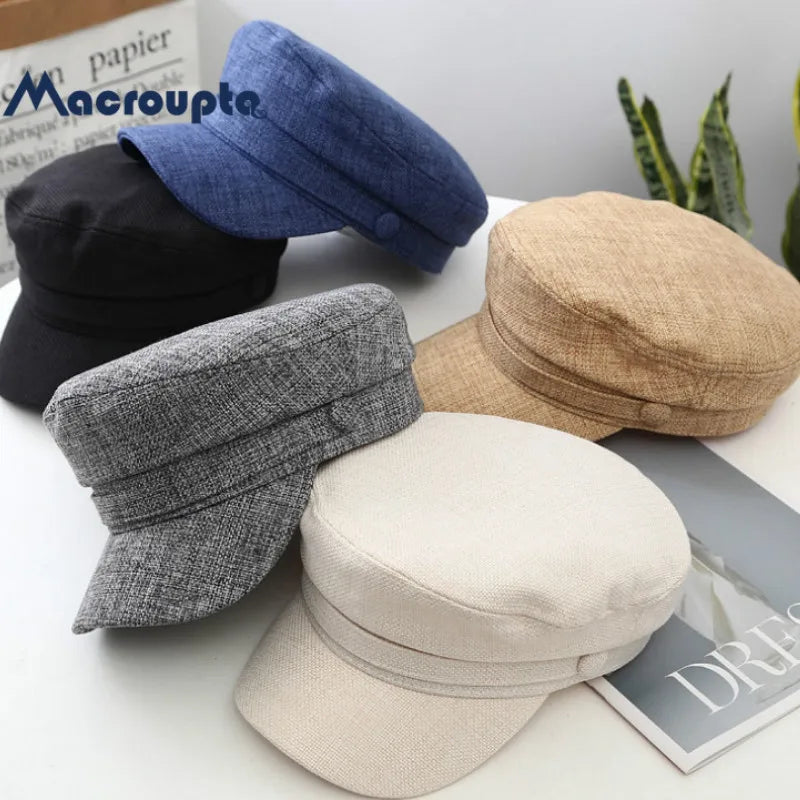 Women's Hat Flat Cap Military Cap Spring Autumn Linen Octagonal Cap Solid Color Flat Top Military Hats Young Student Hat Female