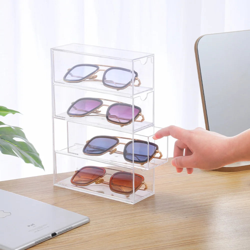 Acrylic Sunglasses Organizer Eyeglass Case Clear Eyeglass Display Holder Eyewear Display Case With 4 Drawers For Women And Men