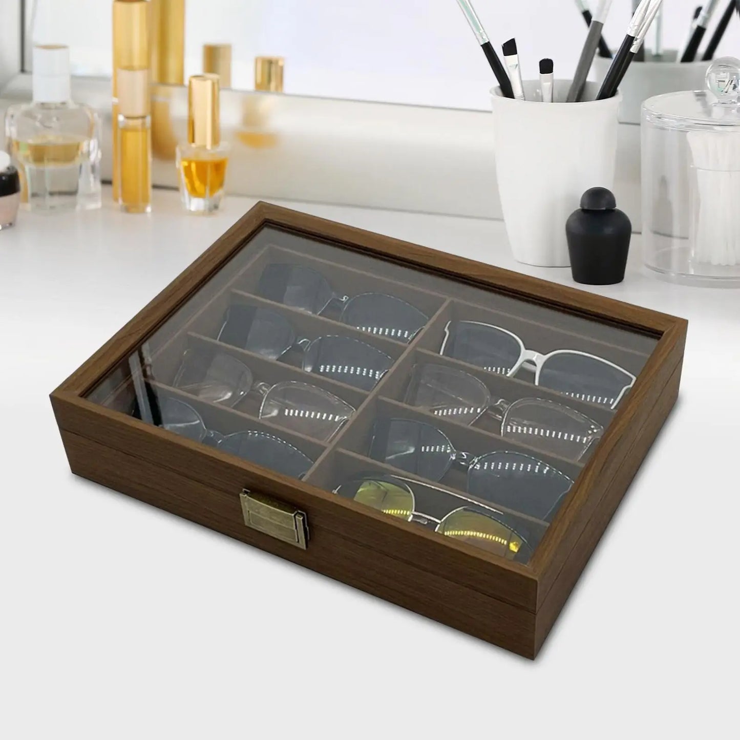 Wooden Sunglasses Organizer Box Display Drawer 8 Slots with Mini Easy to