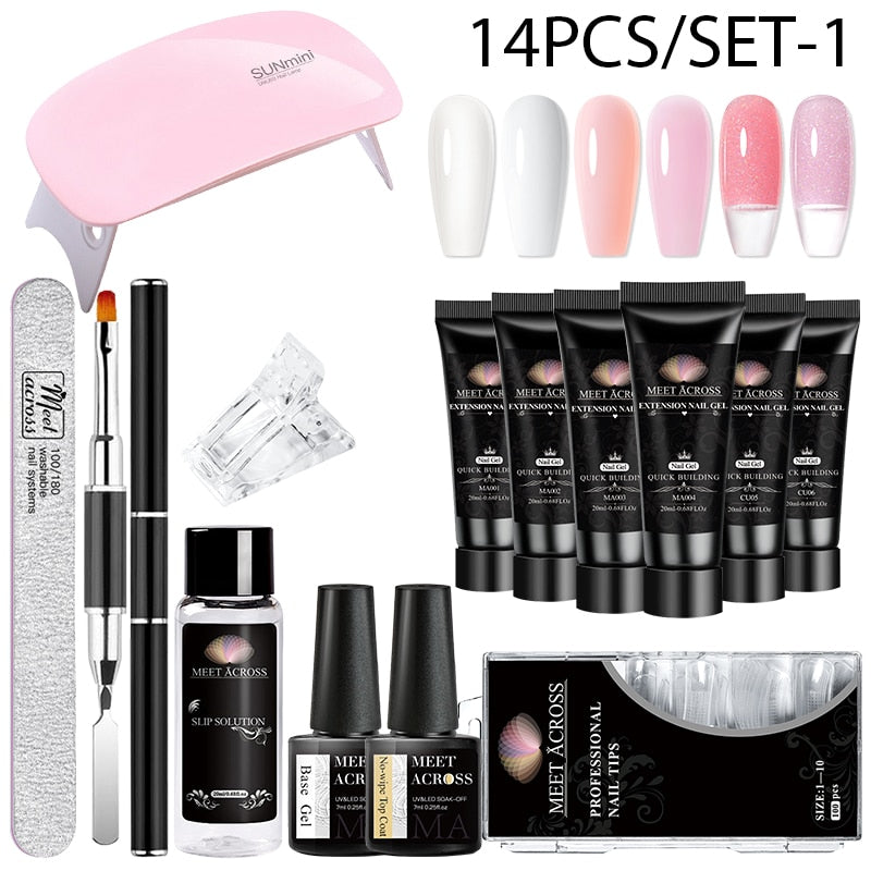 MEET ACROSS Extension Nail Gel Set Acrylic Crystal Nude Clear Quick Extension UV Nail Gel Polish Kit Semi Permanent Varnish Tool