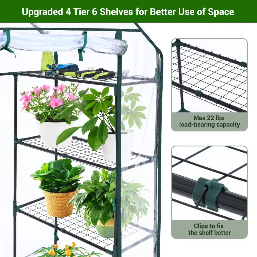 Small Greenhouse for Outdoors: 4 Tiers 6 Shelves Walk-in Indoor Green House Heavy Duty Plant Stands Reinforced