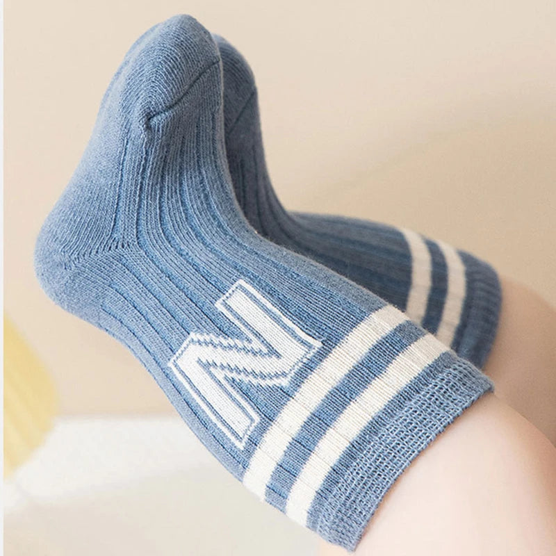 3 Pairs Children Knit Soft Cotton Letter Socks Kids Long Knee High Socks Infant Toddler Baby Boys Girls Cute Stripe Socks