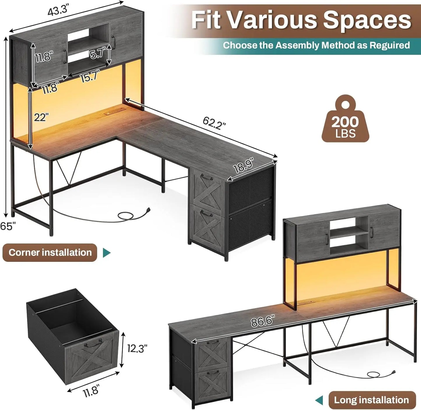 SEDETA L Shaped Gaming Desk, Reversible Computer Desk with Fabric Drawers and Power Outlet, Gaming Desk with Led Lights,