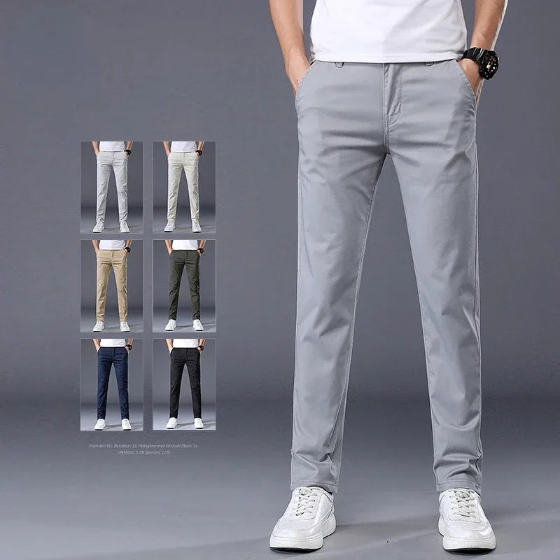 2023 New Summer Casual Pants Men 98%Cotton Solid Color Business Fashion Slim Fit Stretch Gray Thin Trousers Male Brand Clothing