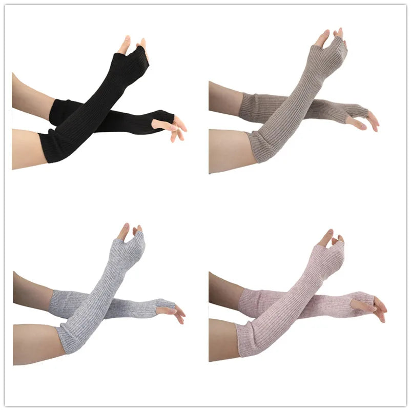 Sparsil Mittens Women Winter Cashmere Blend Knitted Fingerless Punk Long Gloves y2k Gothic Wool Glove Arm Warmer Without Fingers