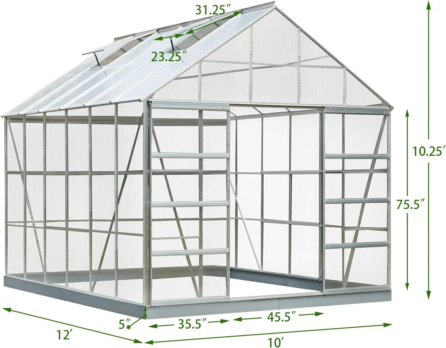 12' x 10' Greenhouse for Outdoor Outside Walk-in Hobby Green House for Plants with Polycarbonate Aluminum Frame Adjustable