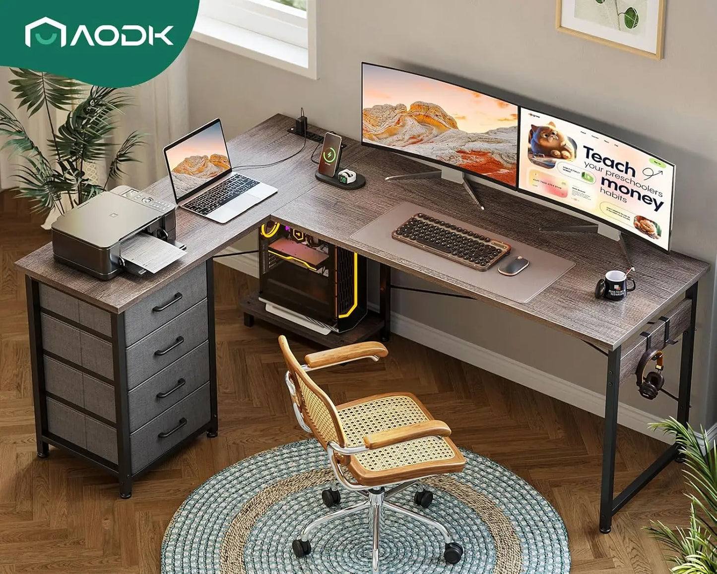 AODK L Shaped Desk with 4 Tier Drawers, 61" Reversible Gaming Desk with Power Outlets, L Shaped Computer Desk with USB Charging