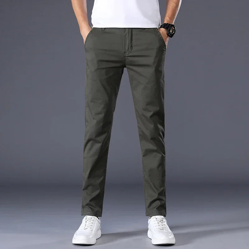 2023 New Summer Casual Pants Men 98%Cotton Solid Color Business Fashion Slim Fit Stretch Gray Thin Trousers Male Brand Clothing