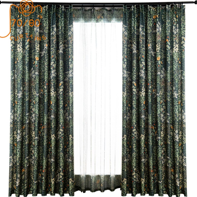 American Country Pastoral Style Curtain Green Bedroom Living Room Forest Plant Cotton and Linen Blackout Floor-to-ceiling Window