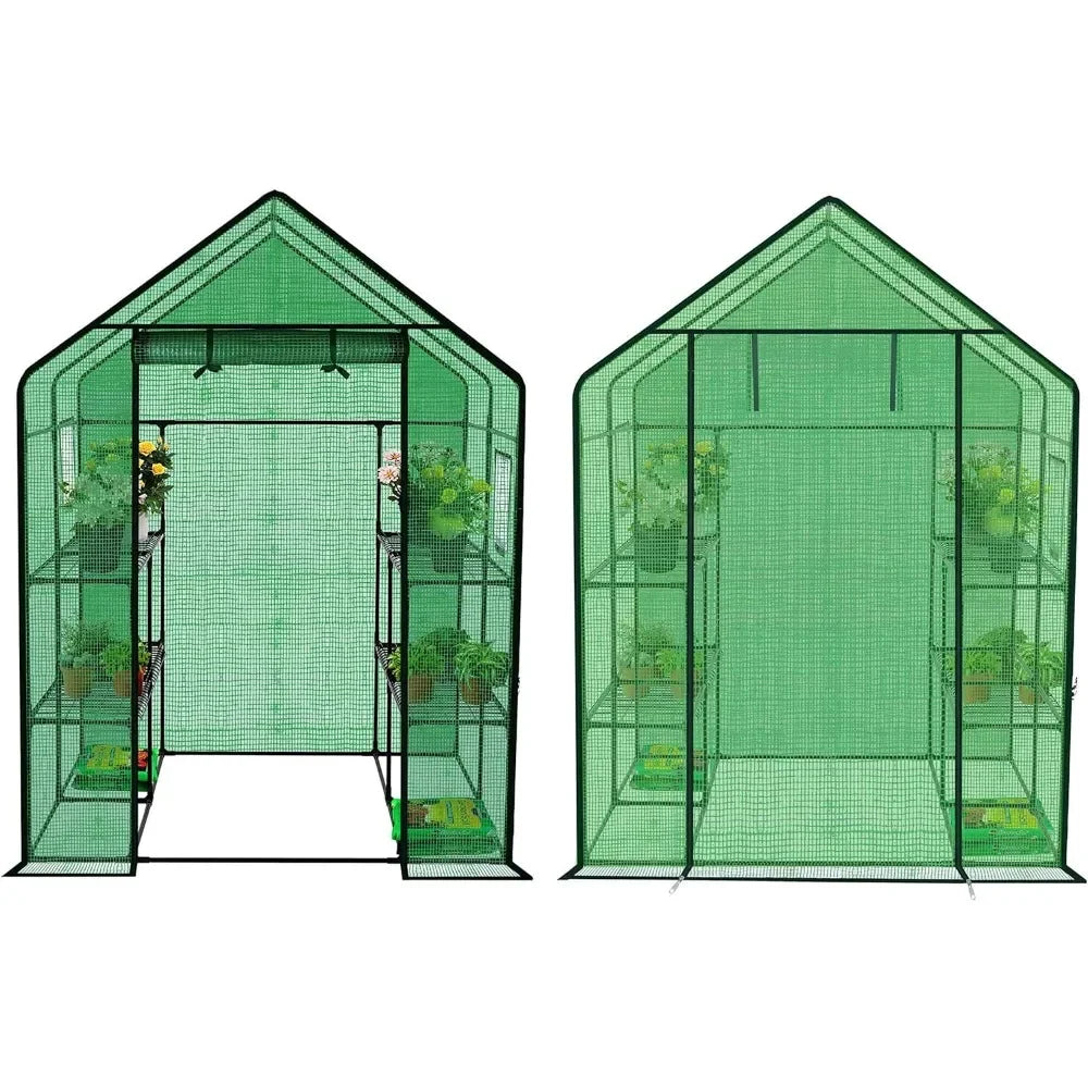 Polyethylene Reinforced Walk-in Greenhouse with Window,Plant Gardening Green House 2 Tiers and 8 Shelves,L56.5 x W56.5 x H76.5