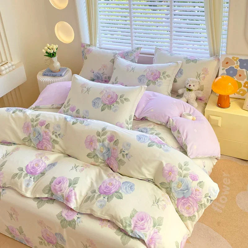 100% Cotton Pink Romantic Rose Duvet Cover Classic Pastoral Flower Theme Girl Woman Children Bedroom Queen Soft Comforter Cover