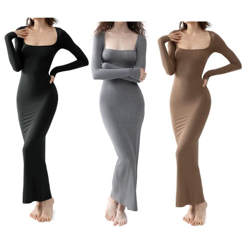 Women Long Sleeves Dress Sexy Square Neck Dress Soft Lounge Ribbed Maxi Dress Fashion Solid Bodycon Dress for Daily Wear