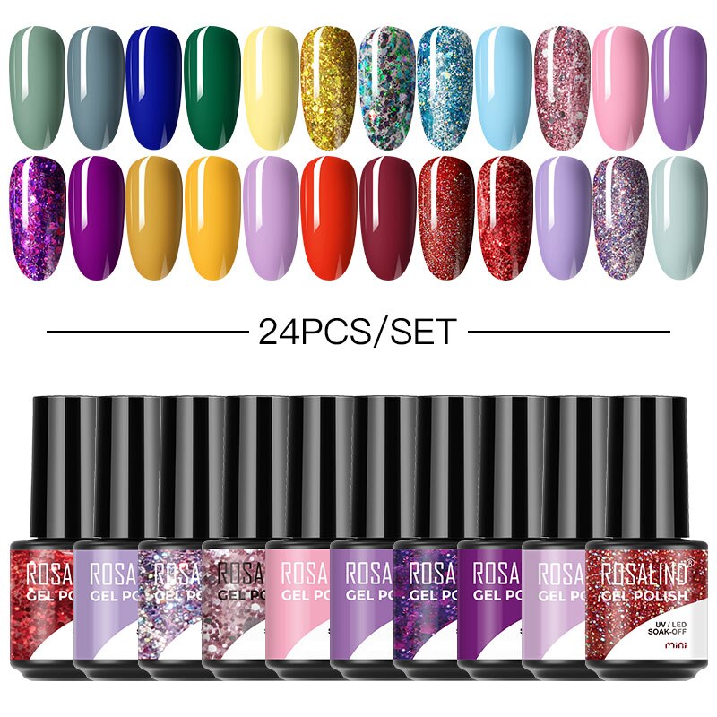 ROSALIND 24PCS Gel Nail Polish Set Professional Glitter Vernis Semi Permanent Base Top Coat UV Gel Set Nail Art Hybrid Varnishes