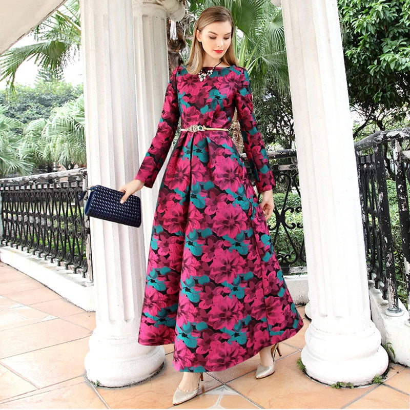 Women Long Sleeve Long Maxi Autumn Winter Dress Elegant Boho Fashion Good QualityFloral Jacquard Vintage Dress