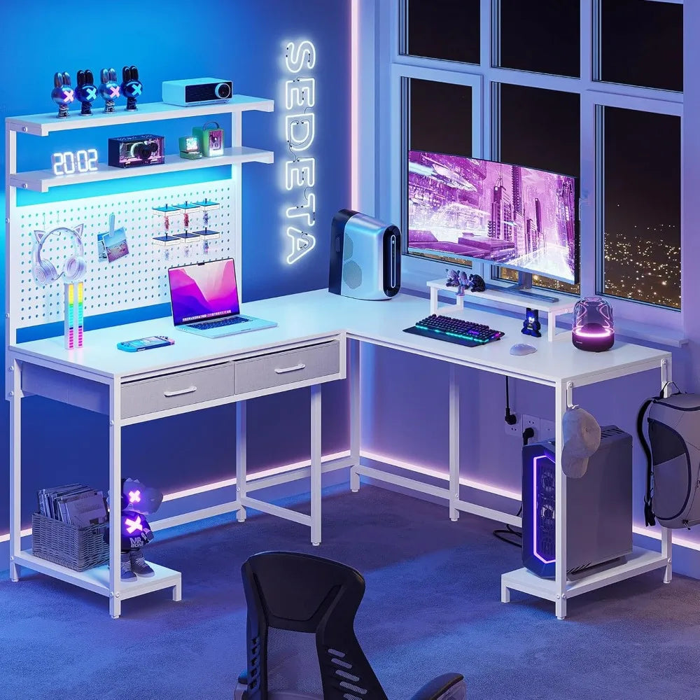 SEDETA L Shaped Gaming Desk with LED Lights, Pegboard and Drawers, Gaming with Hutch, Computer with Monitor Stand,