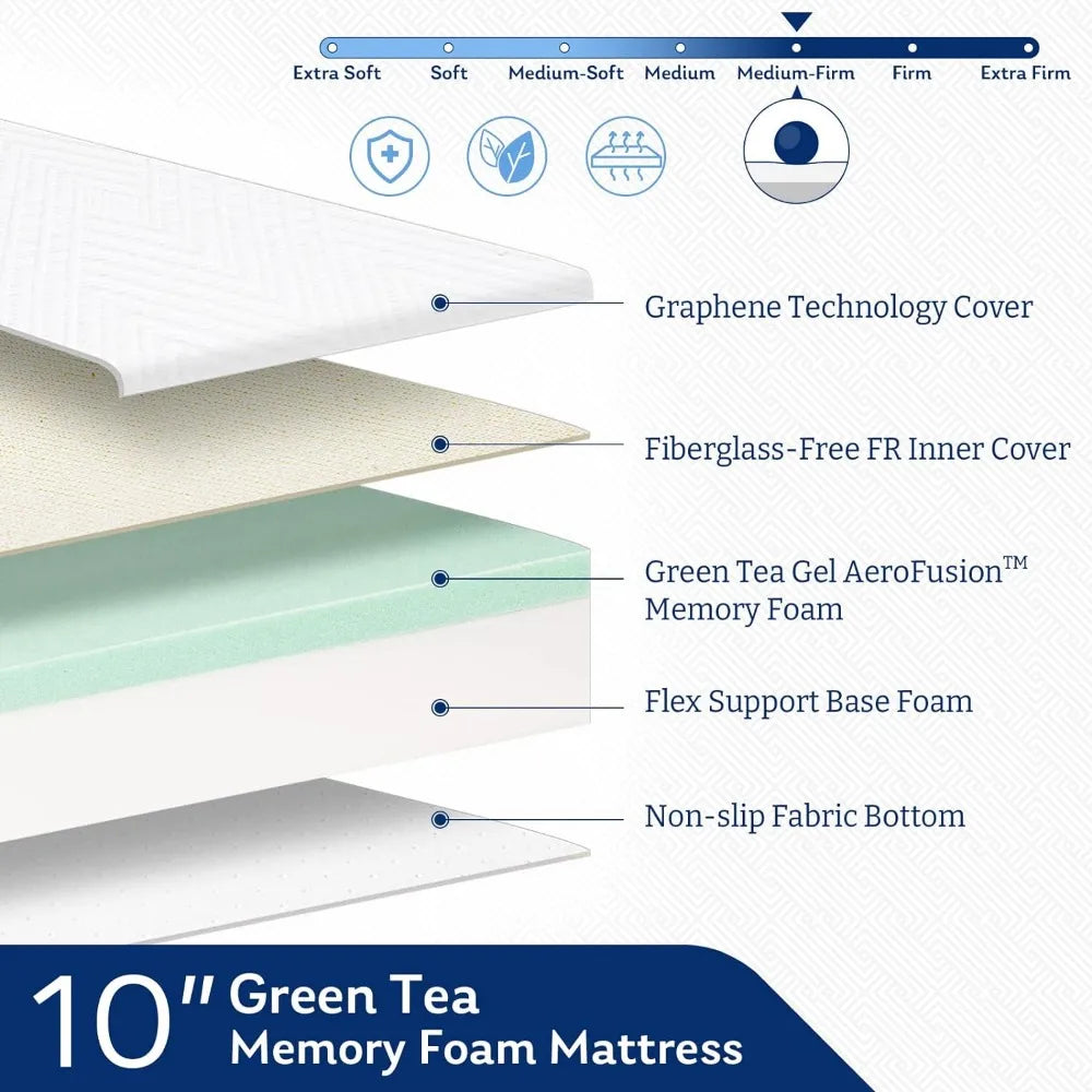 Queen Mattress in a Box 10 Inch Mattresses for Platform Bed Double Size Daybed Green Tea Memory Foam Medium Firm Futon Pad Mat