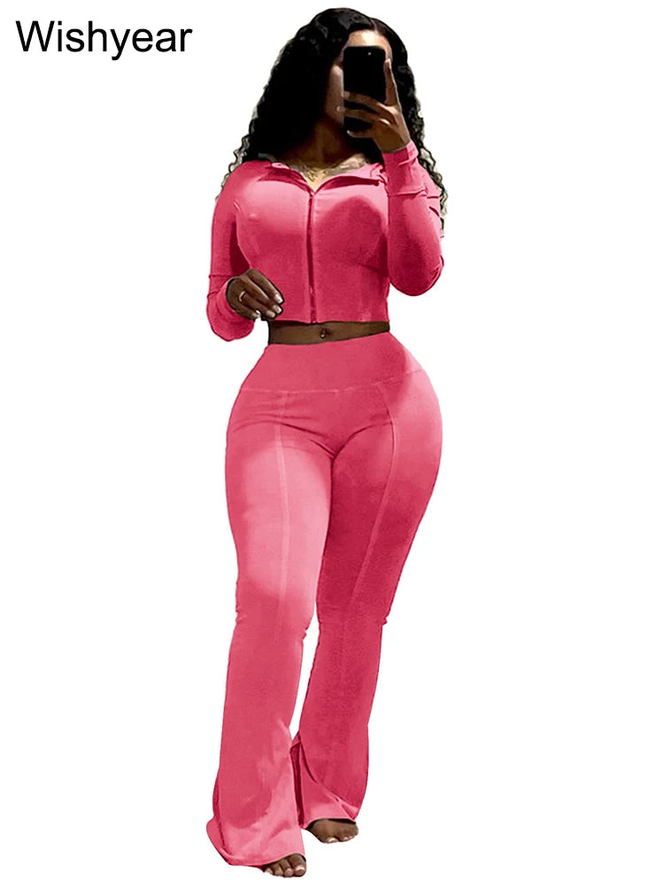 Sportswear Wash Retro Two 2 Piece Pants Set Sales Fall Winter Women Hoodies Jacket and Flared Trousers Suit Athletic Pink Outfit