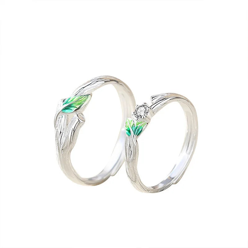 Sweet Simple Green Leaves Young Couple Ring For Women Lover Silver Color Open Resizable Rings Romantic Wedding Jewelry