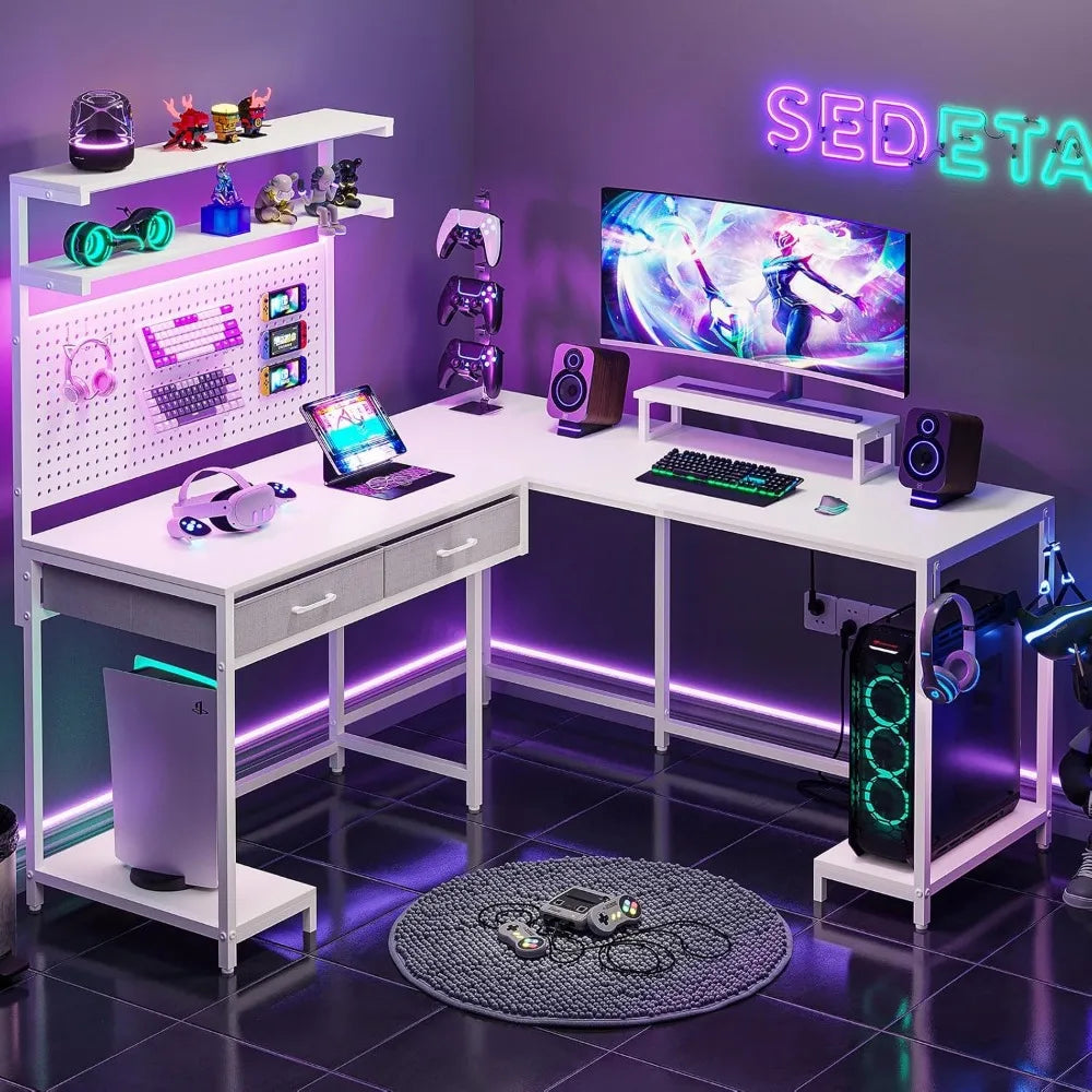 SEDETA L Shaped Gaming Desk with LED Lights, Pegboard and Drawers, Gaming with Hutch, Computer with Monitor Stand,