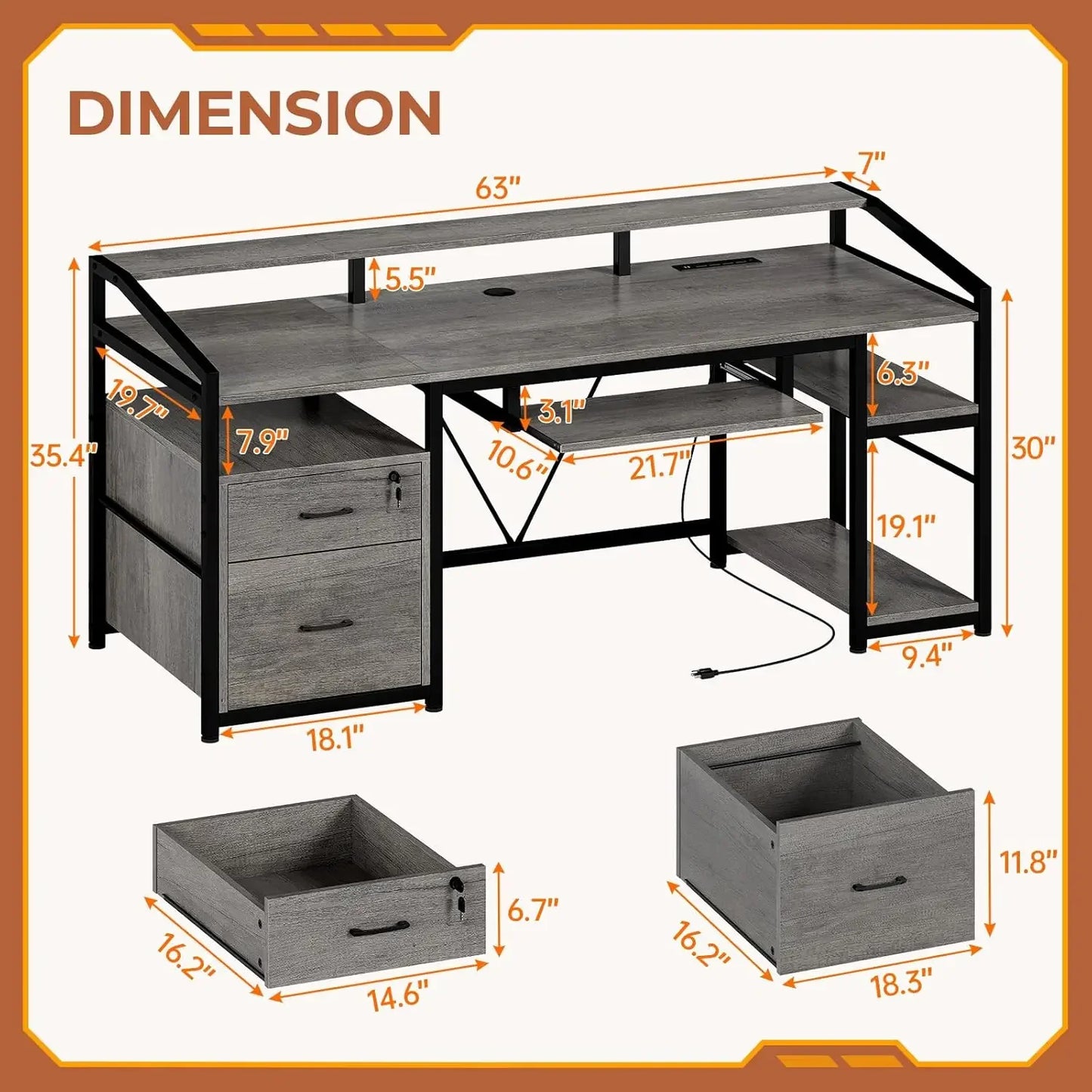 SEDETA 63" Computer Desk, Office Desk with Lockable Drawers for Legal/Letter File, Gaming Desk with LED Lights & Power Outlet,