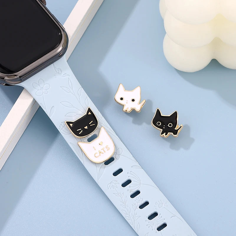 Animal White Black Cat Charms Jewelry for Iwatch Bracelet Accessories Stud for Apple Strap Soft Silicone Watchband Charms Nails