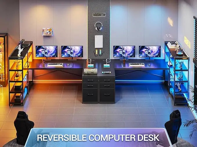 SEDETA L Shaped Gaming Desk, Reversible U Shaped Computer Desk with Power Outlet and Storage Shelves, Corner Gaming Desk