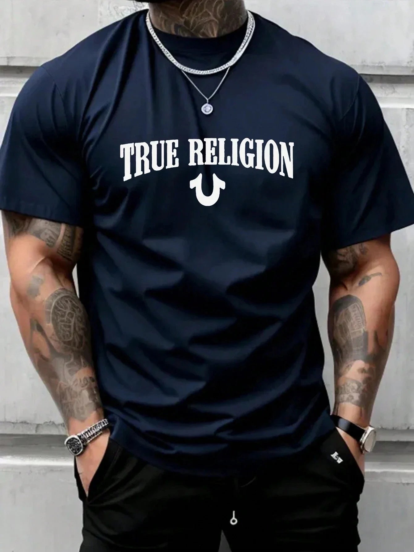 True Religion Men Cotton T-shirt Luxury Brand Fashion Big Size Top Casual Short Sleeve Streetwear Classic Print New Arrival Tee